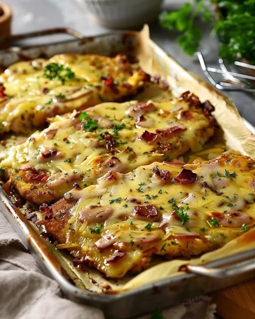 Bakade festschnitzlar från ugnen med 200g ost. Recept