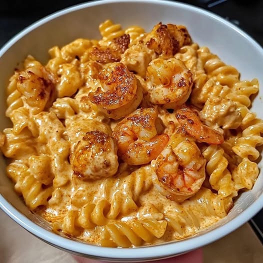 Krämig Cajun-pasta med räkor och kyckling. Recept