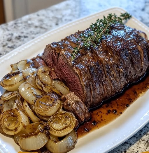 Otroligt saftig rostbiff med karamelliserad lök