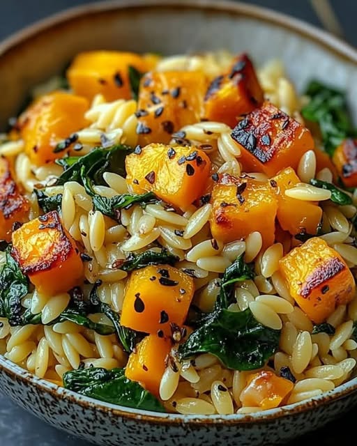 Receptet för Orzo med rostad butternut squash och spenat