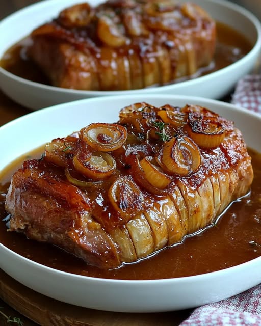 Helstekt fläskfilé med lök och honung