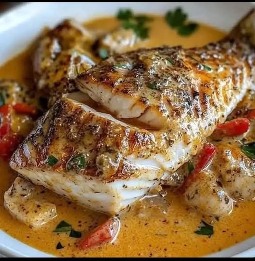 Saftig röd snapper med len kreolsk gräddsås