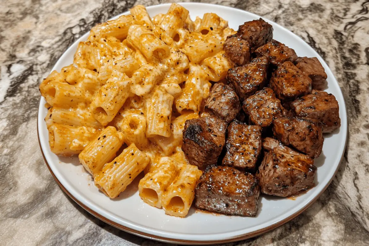 Cajunstek i krämig parmesanrigatoni – en smakrik komfortklassiker