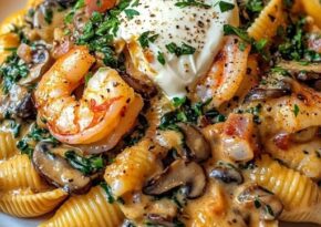 Krämig räkpasta med spenat och svamp