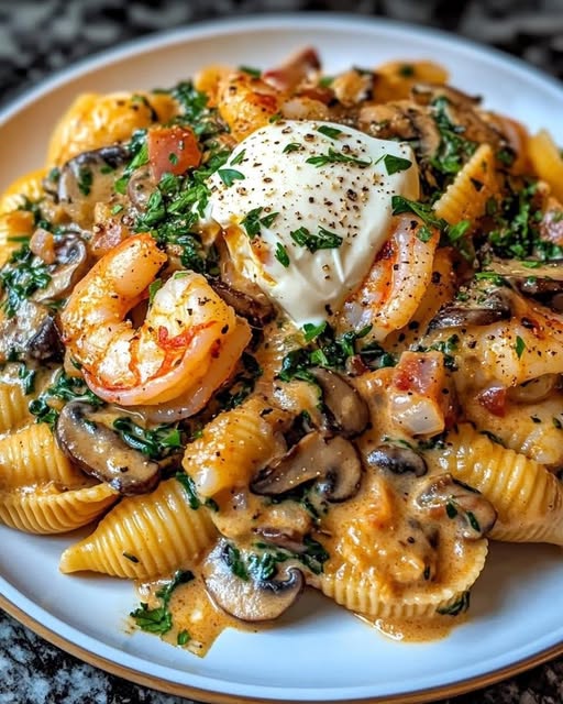 Krämig räkpasta med spenat och svamp