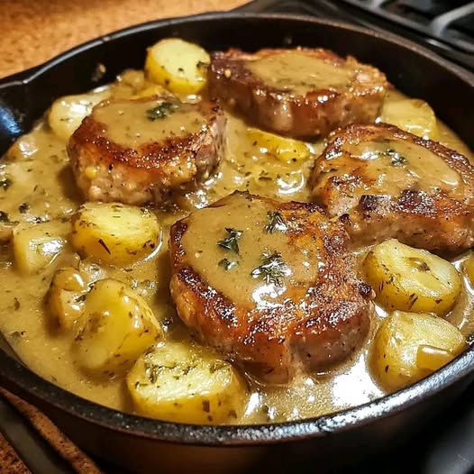 Fläskkotletter med potatis i krämig sås
