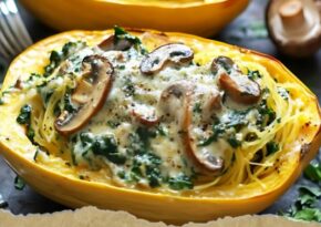 Krämig spaghettipumpa med svamp och spenat. Recept
