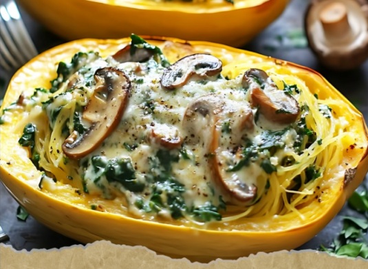 Krämig spaghettipumpa med svamp och spenat. Recept