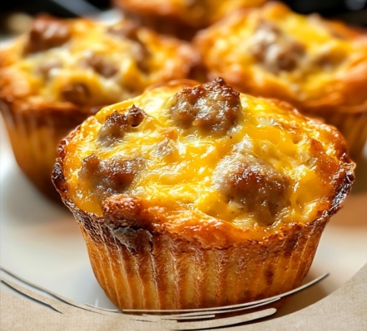 Muffins med frukostkorv, ägg och ost. Recept