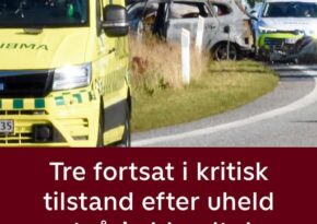 Tre i kritisk tilstand efter alvorligt uheld – biler og campingvogn udbrændt